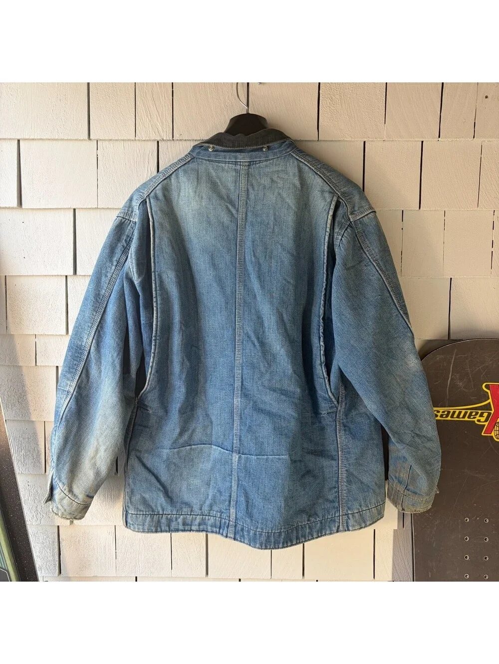 VTG 80s Carhartt Denim Chore Jacket 46 Blanket Lined Sun Faded Corduroy Collar